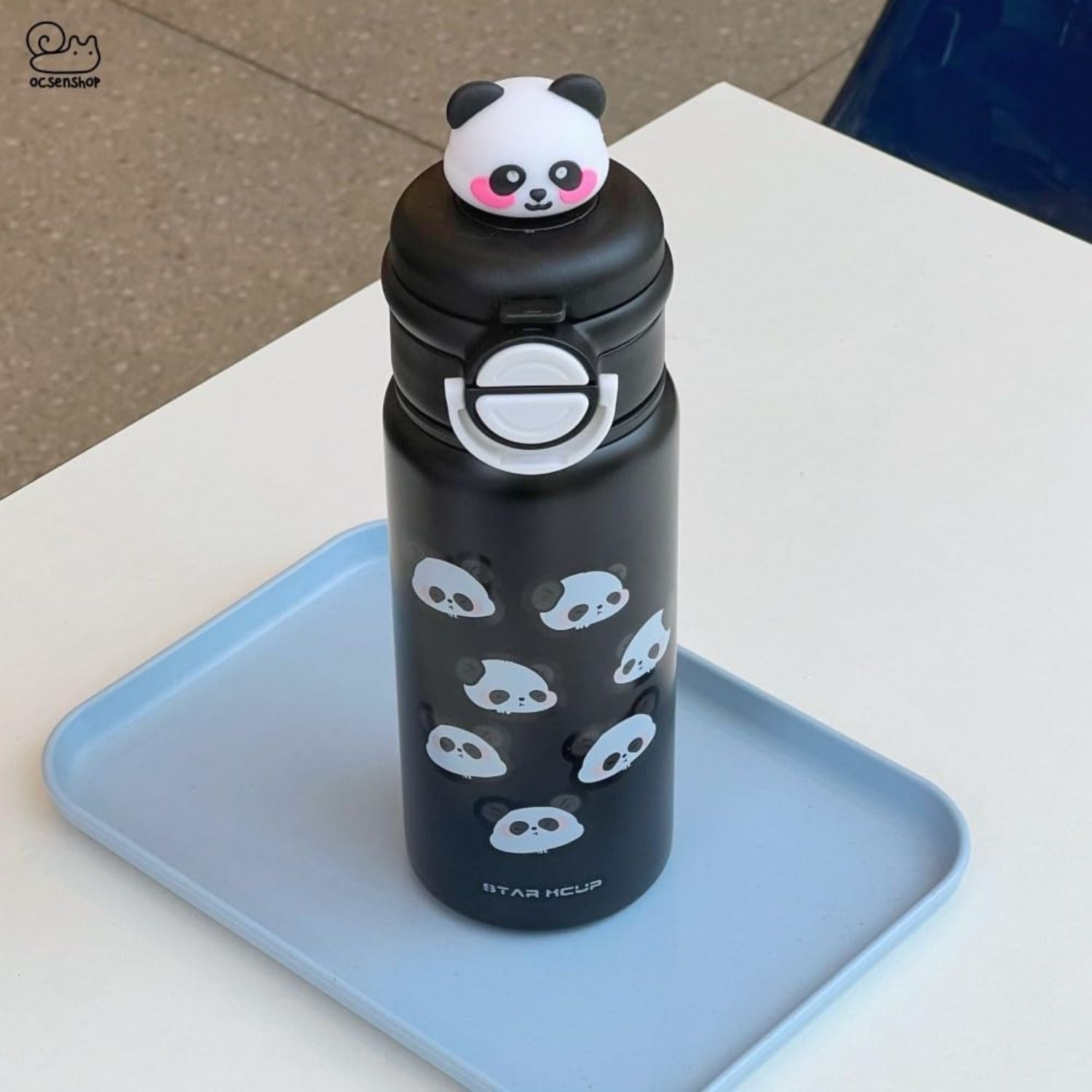 SMILE BABY Cute Panda Xcup Kids Water Bottle – Leakproof Dual-Lid Stainless Steel Bottle (Black)