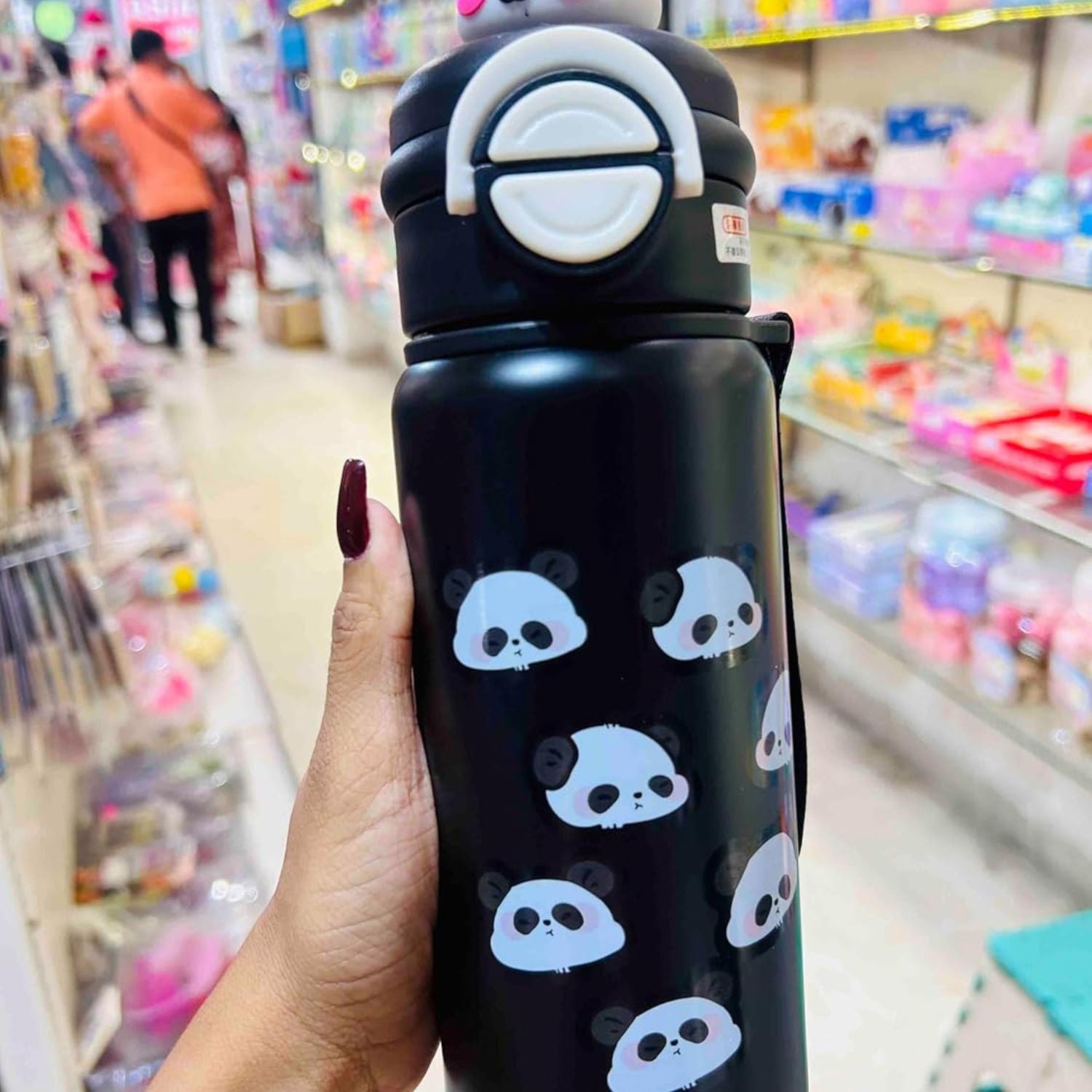 SMILE BABY Cute Panda Xcup Kids Water Bottle – Leakproof Dual-Lid Stainless Steel Bottle (Black)