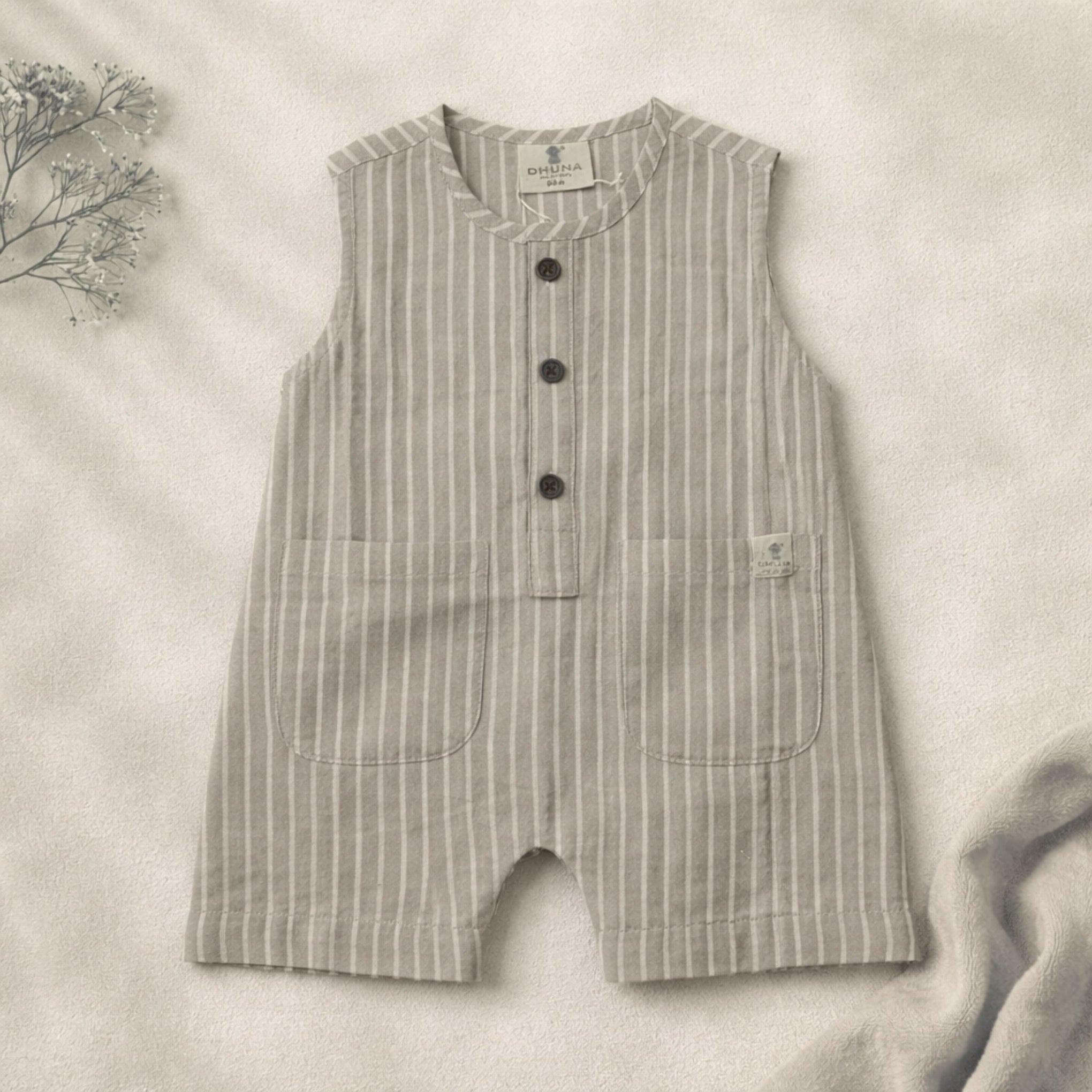 NUM NUM Newborn Baby Cotton Sleeveless Striped Romper (NB–18M) | Soft Breathable Onesie | Beige