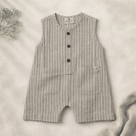 NUM NUM Newborn Baby Cotton Sleeveless Striped Romper (NB–18M) | Soft Breathable Onesie | Beige