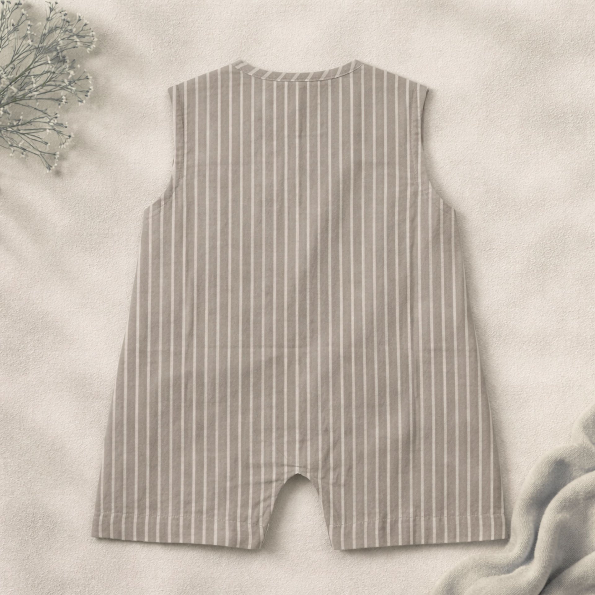 NUM NUM Newborn Baby Cotton Sleeveless Striped Romper (NB–18M) | Soft Breathable Onesie | Beige