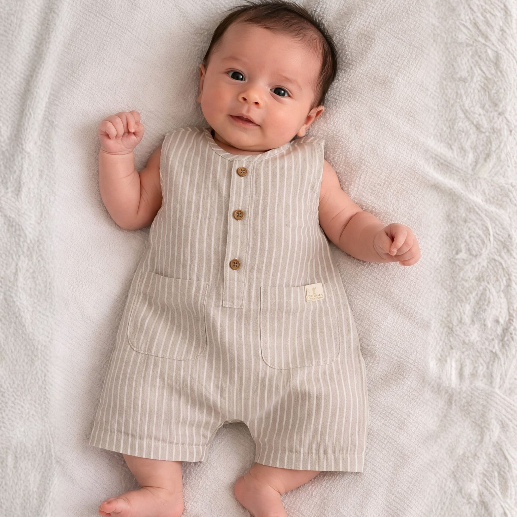 NUM NUM Newborn Baby Cotton Sleeveless Striped Romper (NB–18M) | Soft Breathable Onesie | Beige