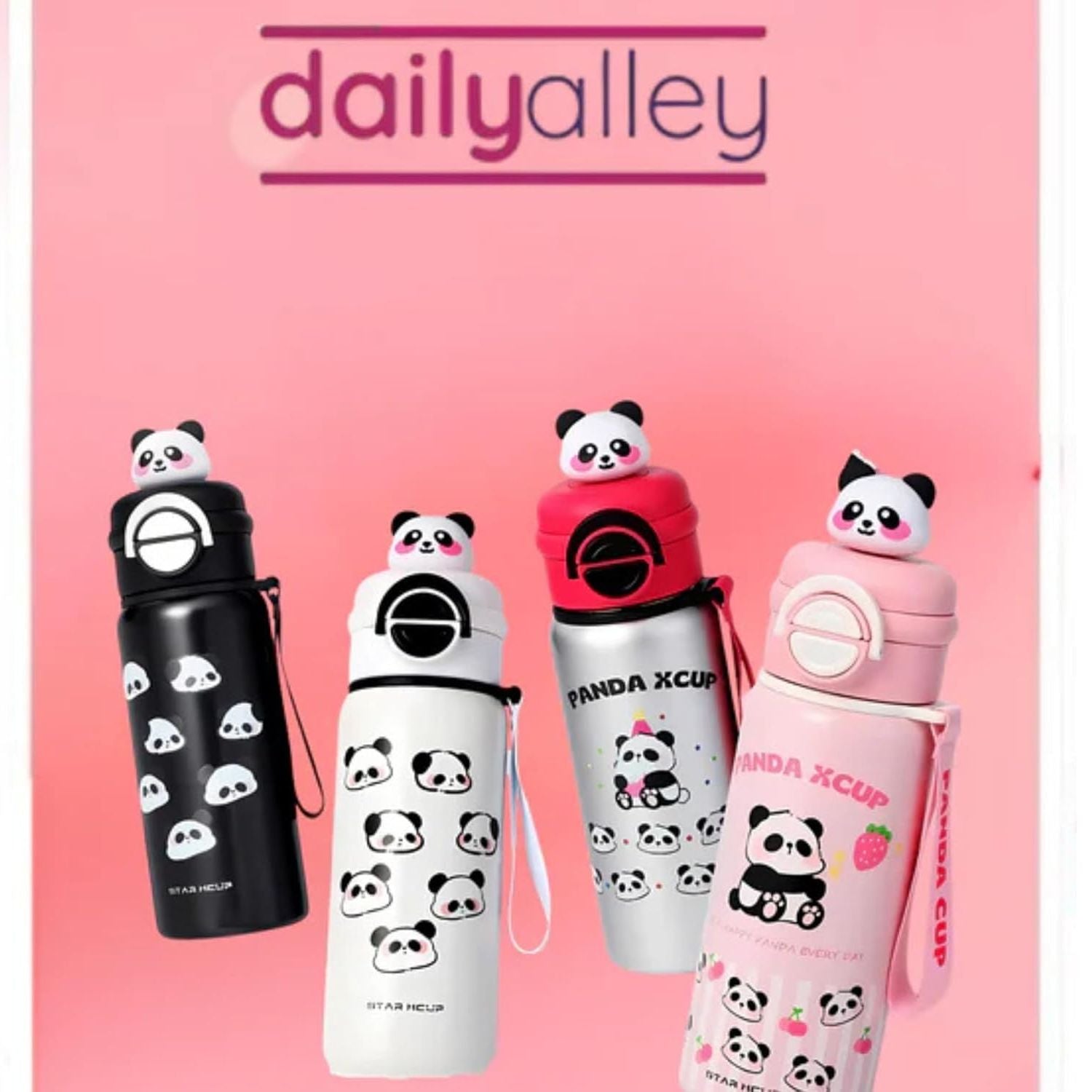 SMILE BABY Cute Panda Xcup Kids Water Bottle – Leakproof Dual-Lid Stainless Steel Bottle (Black)