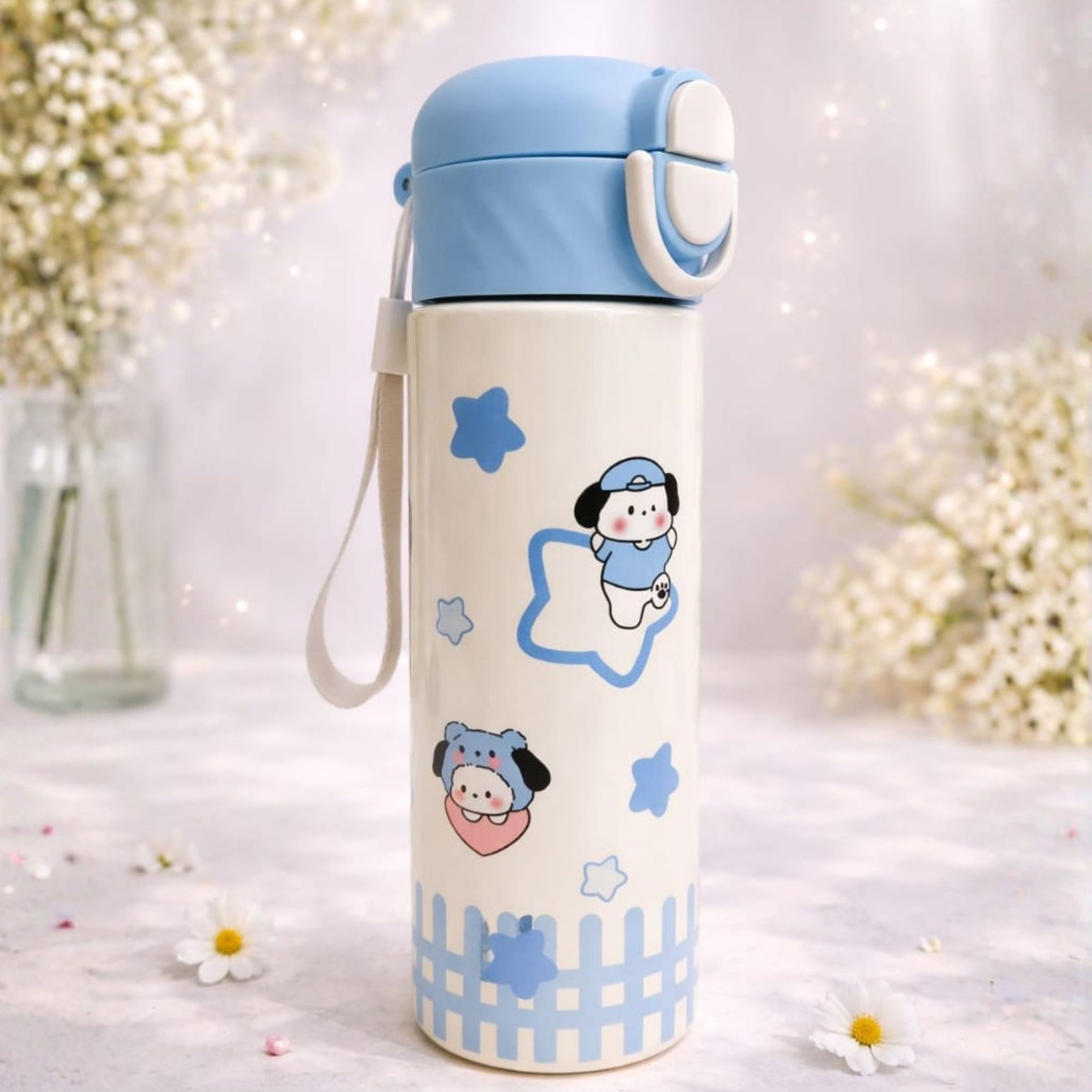 SMILE BABY Cute Kids Steel Straw Water Bottle – Leak-Proof Flip Lid, Lightweight & Easy Carry (Blue / Pink / White / Green)