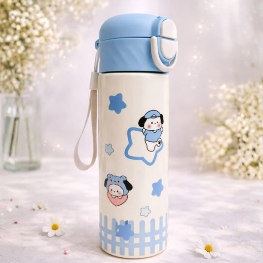 SMILE BABY Cute Kids Steel Straw Water Bottle – Leak-Proof Flip Lid, Lightweight & Easy Carry (Blue / Pink / White / Green)