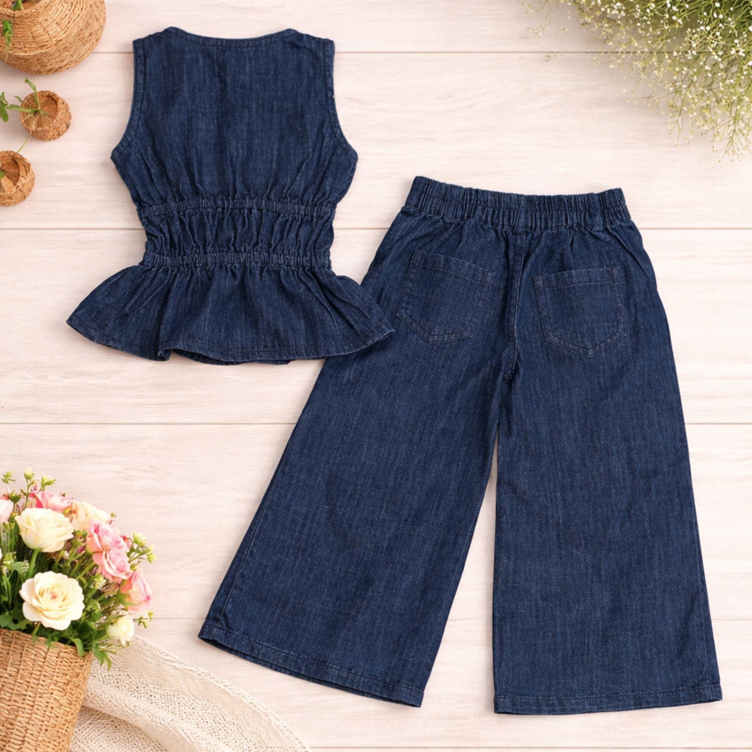 LEO N BABES Girls Blue Denim Top & Palazzo Set (18 Months – 12 Years)