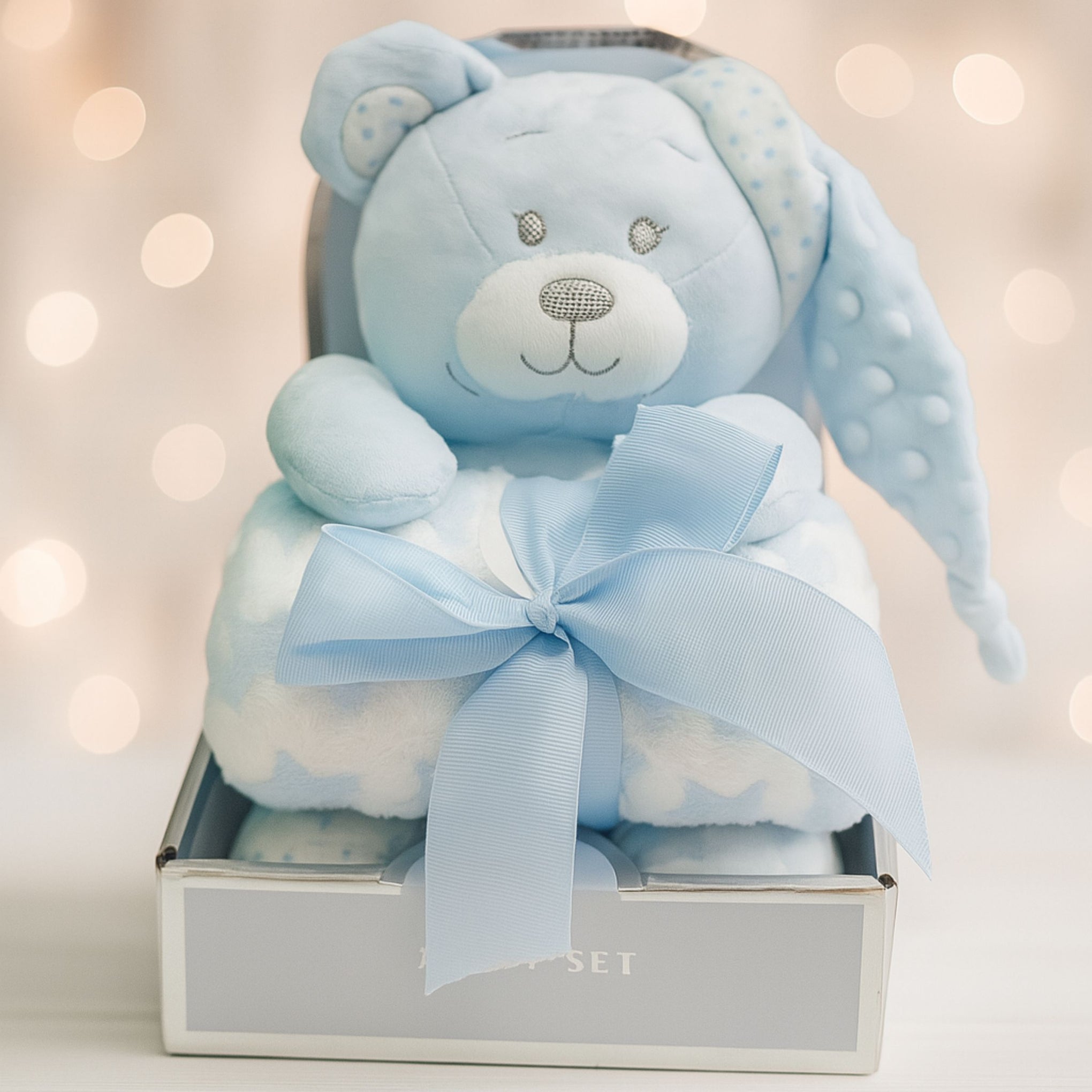Smile Baby Soft Plush Teddy Bear Gift Set with Blanket | For Newborn Boys & Girls | 75×100 cm | Blue, Grey, Cream Variants