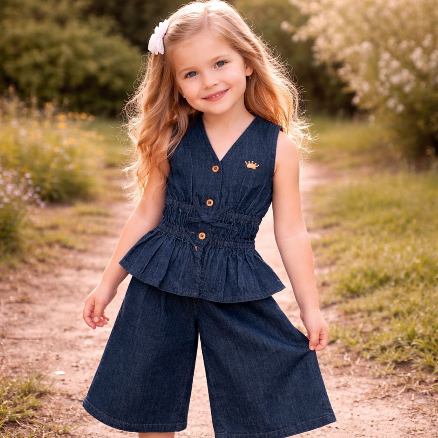 LEO N BABES Girls Blue Denim Top & Palazzo Set (18 Months – 12 Years)