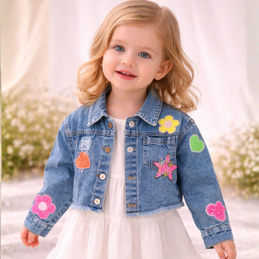 REVERSE X-TREME Girls Denim Jacket with Colorful Patch Design | Stylish Kids Denim Jacket (4–12 Years)