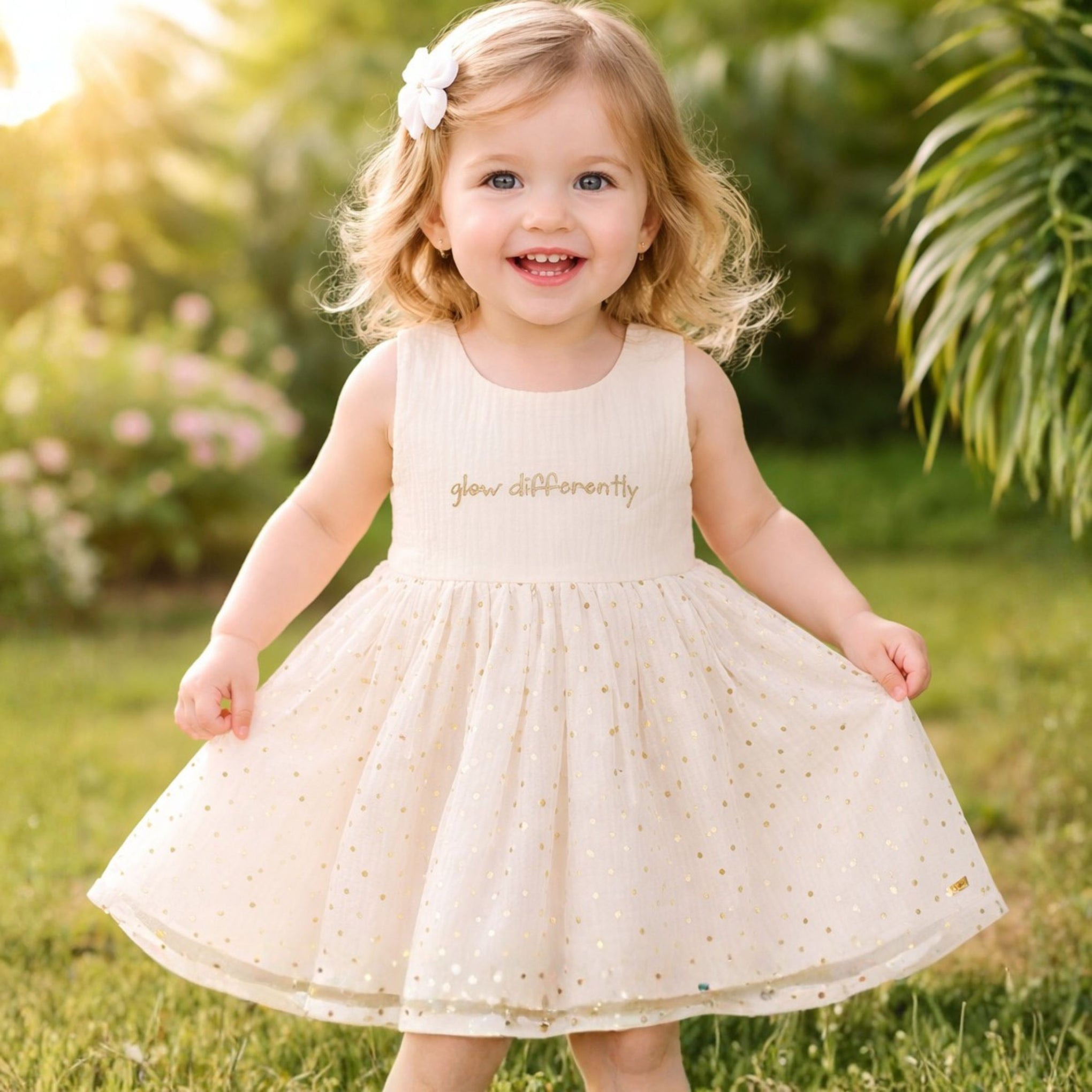 ORRIGANY Cream Gold Polka Party Dress for Girls | Sleeveless Bow Dress (9M–6Y)