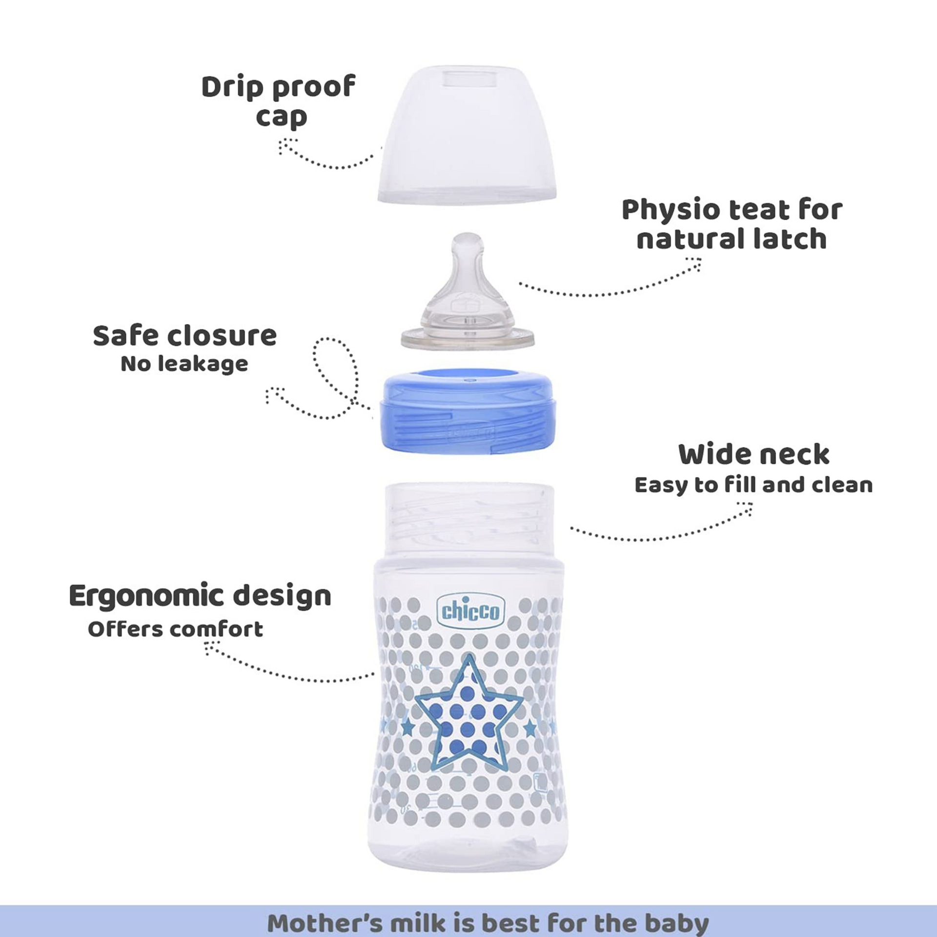 Chicco Well-Being Baby Feeding Bottle, | Advanced Anti-Colic Nipple | Soft Silicon Teat | Wide Neck, Anti-Drip Bottle |BPA Free (Blue)