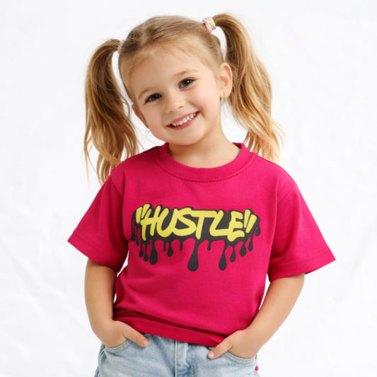Smile Baby Kids Graphic Printed T-Shirt – “Hustle” & “I Match Energy” Design | H. Pink & Neon Green | 5-14 Years