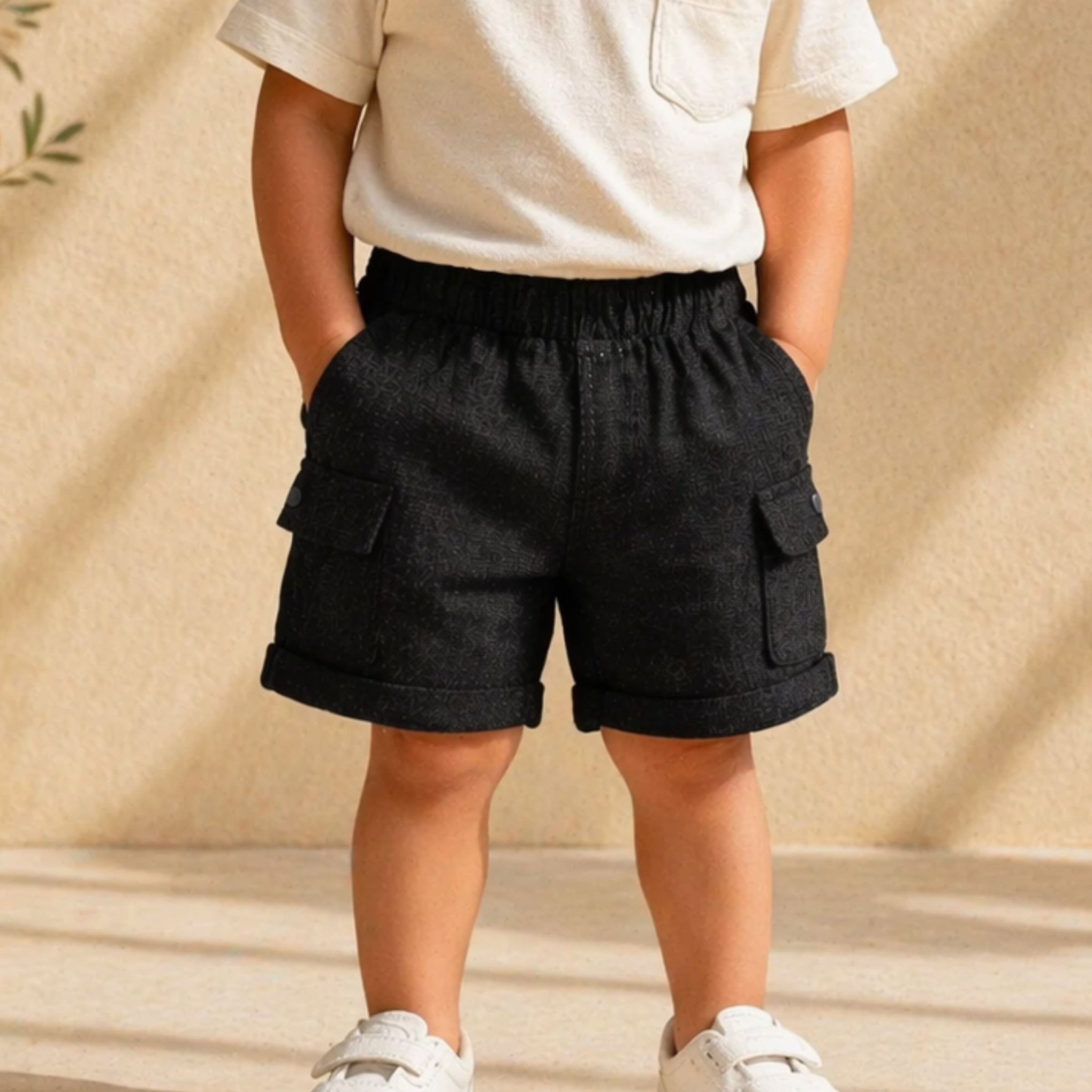 Smile Baby Boys Black Cargo Shorts – Elastic Waist Casual Summer Shorts (12M-5Y)