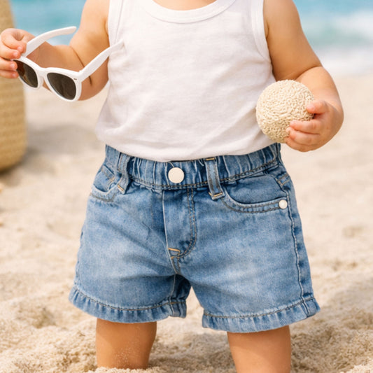 Smile Baby Boys Denim Shorts with Sunny Day Patch – Elastic Waist Casual Shorts (9M-5Y) | Black, Khakhi, Light Blue, Ice