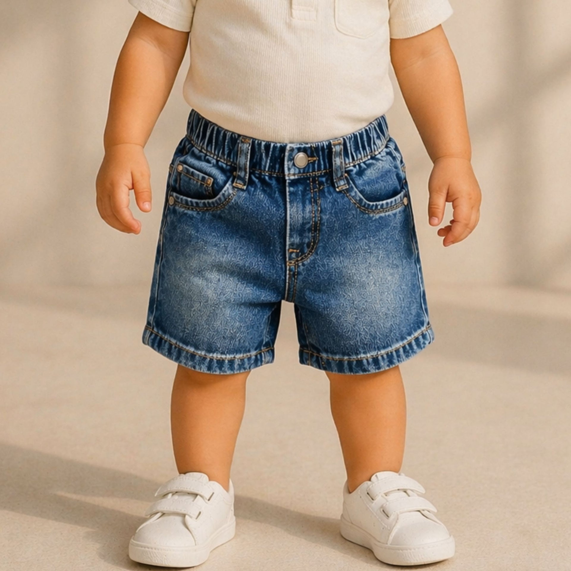 Smile Baby Boys Denim Shorts with Sunny Day Patch – Elastic Waist Casual Shorts (9M-5Y) | Black, Khakhi, Light Blue, Ice