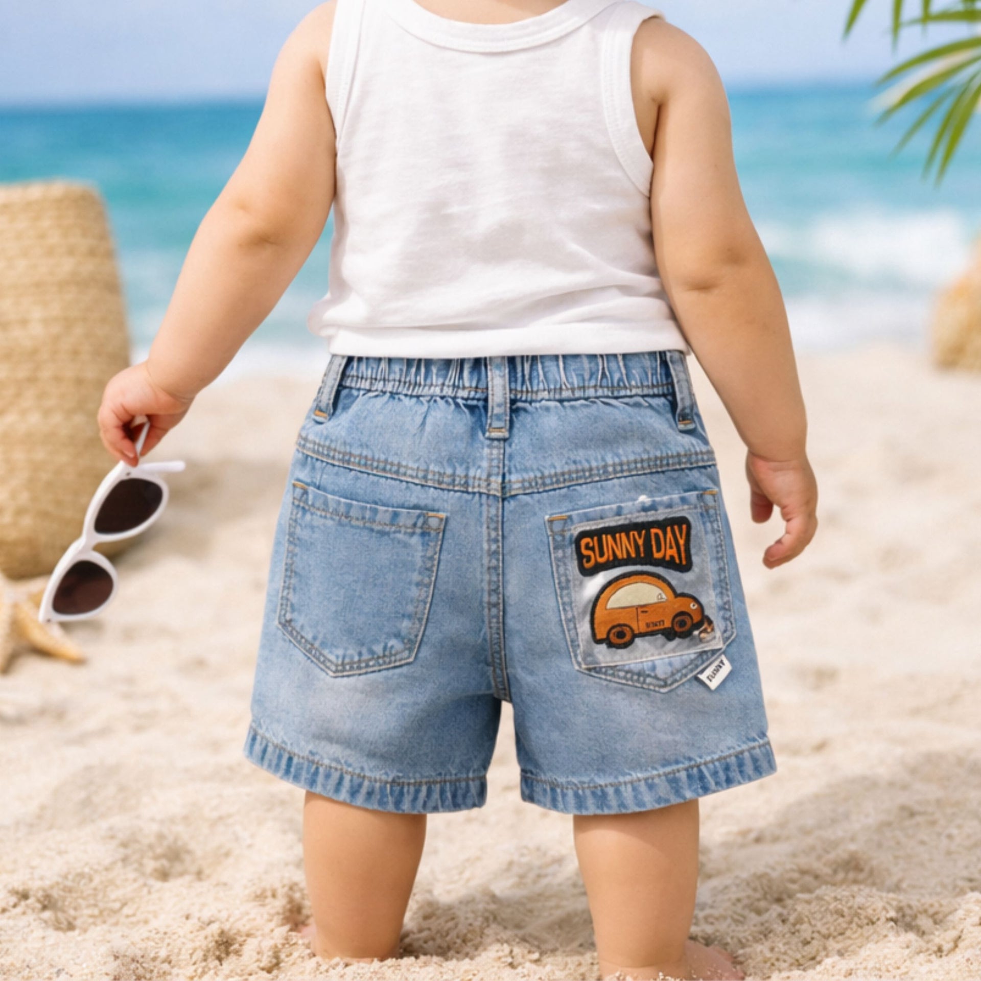 Smile Baby Boys Denim Shorts with Sunny Day Patch – Elastic Waist Casual Shorts (9M-5Y) | Black, Khakhi, Light Blue, Ice