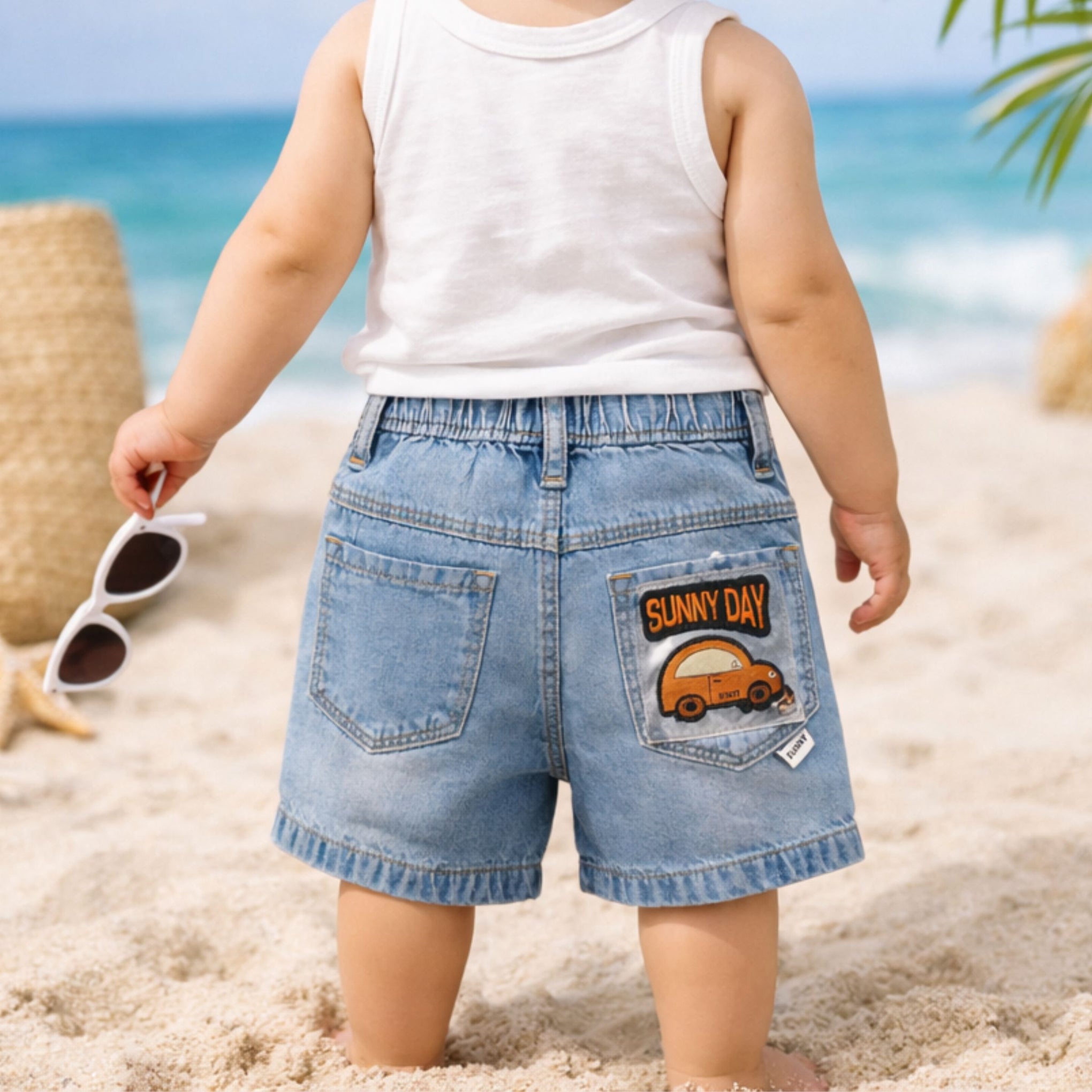 Smile Baby Boys Denim Shorts with Sunny Day Patch – Elastic Waist Casual Shorts (9M-5Y) | Black, Khakhi, Light Blue, Ice