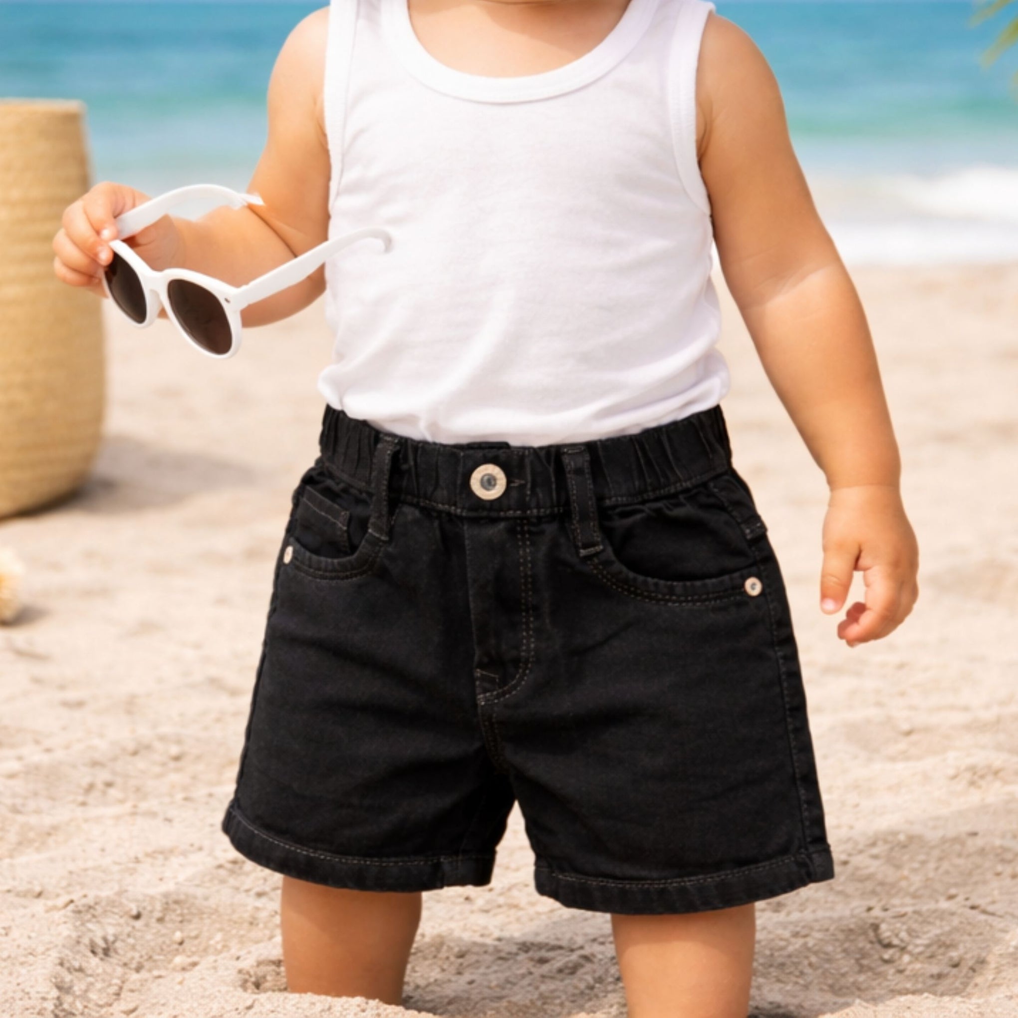 Smile Baby Boys Denim Shorts with Sunny Day Patch – Elastic Waist Casual Shorts (9M-5Y) | Black, Khakhi, Light Blue, Ice