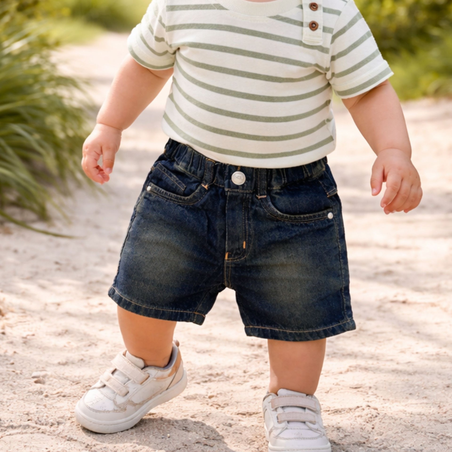 Smile Baby Boys Denim Shorts with Sunny Day Patch – Elastic Waist Casual Shorts (9M-5Y) | Black, Khakhi, Light Blue, Ice