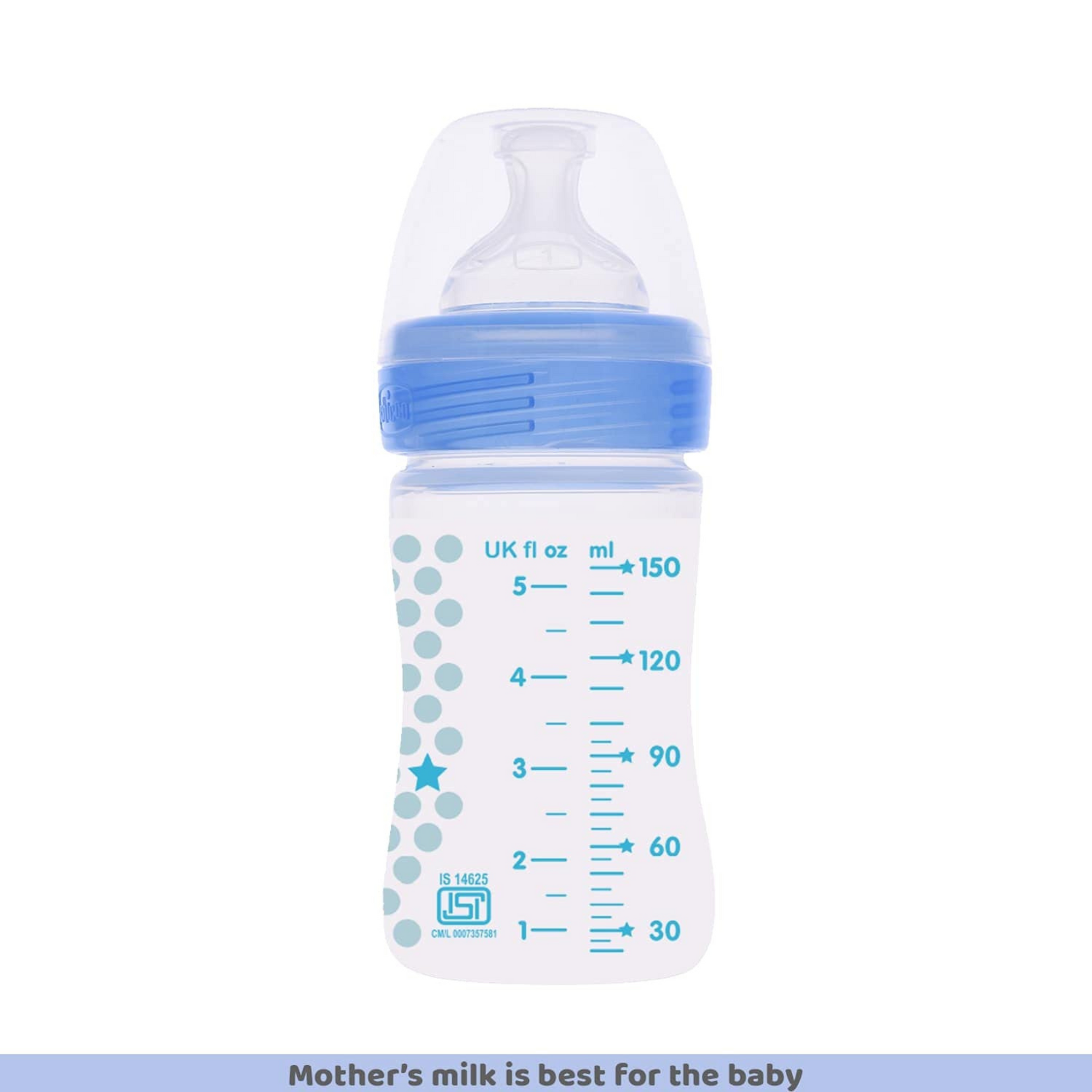 Chicco Well-Being Baby Feeding Bottle, | Advanced Anti-Colic Nipple | Soft Silicon Teat | Wide Neck, Anti-Drip Bottle |BPA Free (Blue)