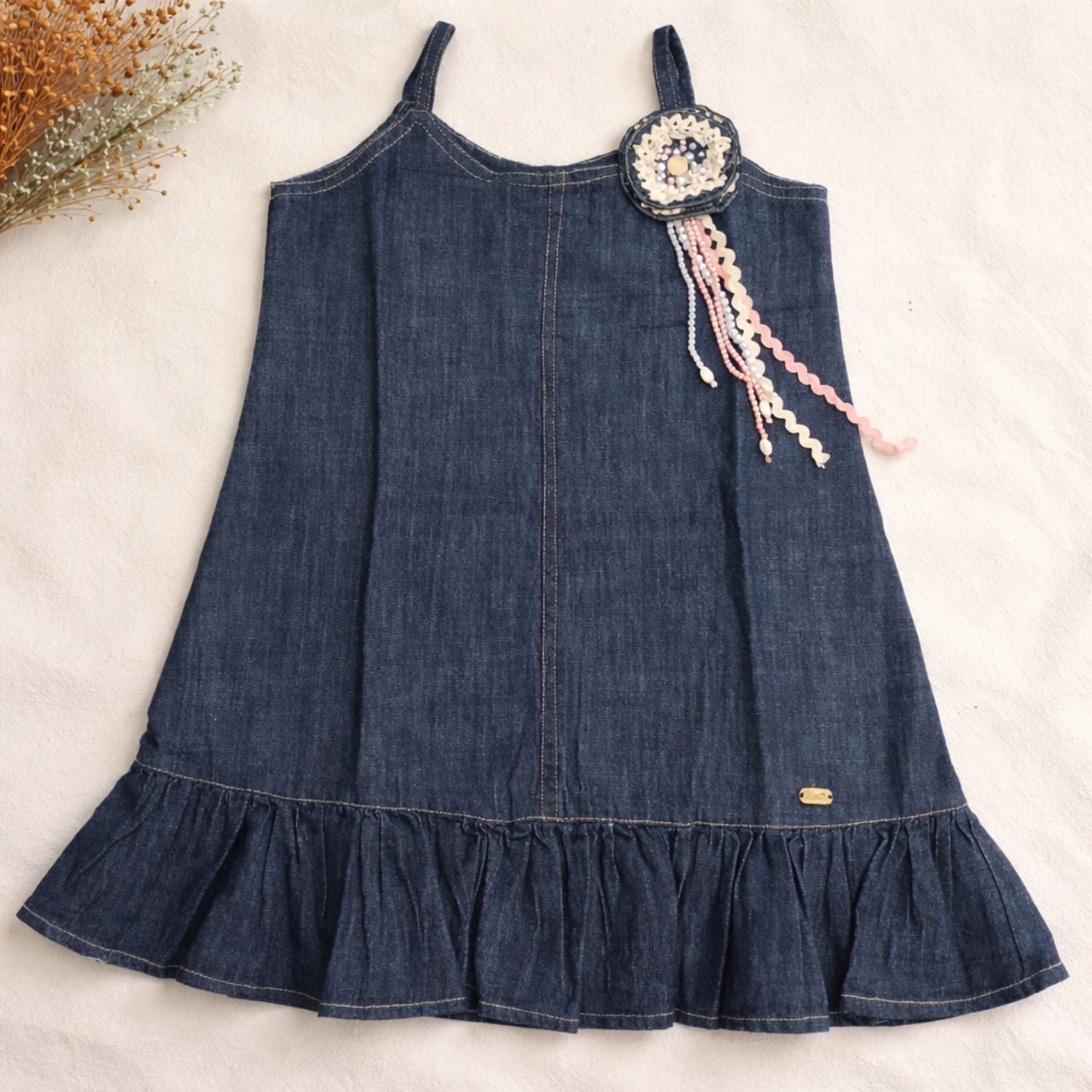 LEO N BABES Girls Blue Denim A-Line Frock with Ruffle Hem & Floral Brooch