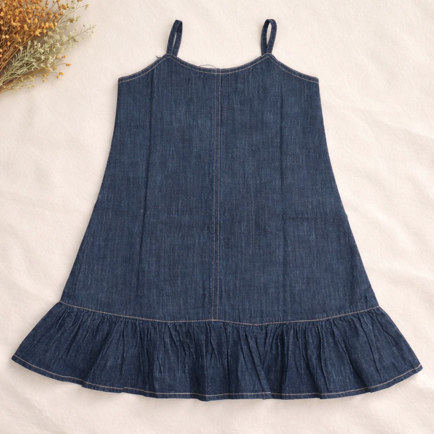 LEO N BABES Girls Blue Denim A-Line Frock with Ruffle Hem & Floral Brooch