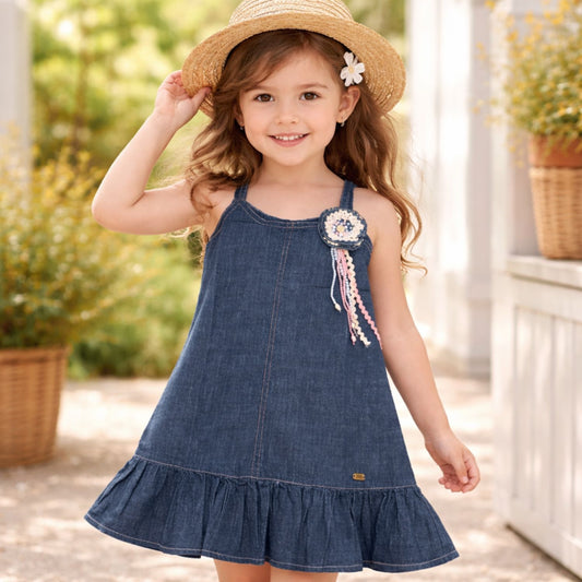 Girls Blue Denim A-Line Frock with Ruffle Hem & Floral Brooch | LEO N BABES