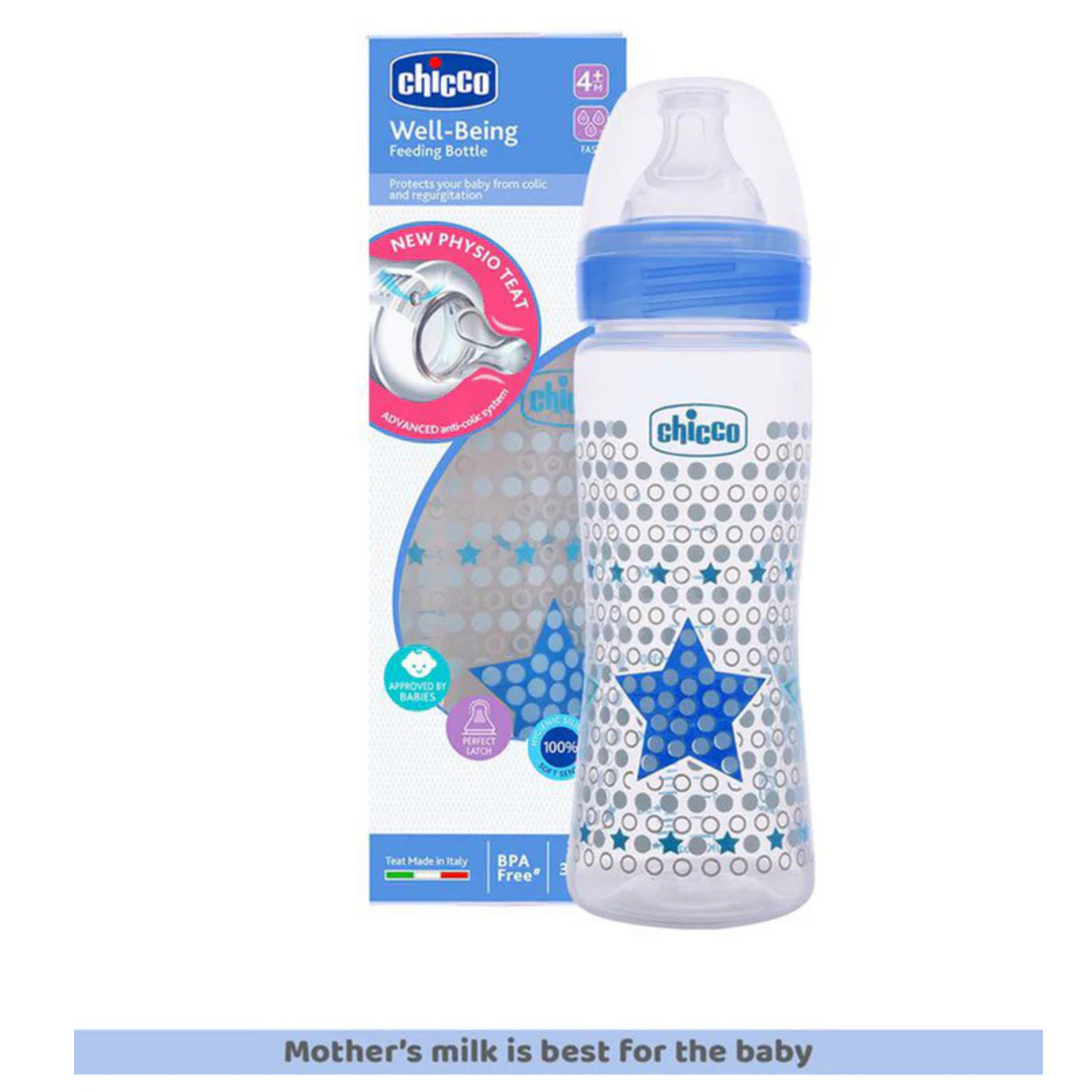 Chicco Well-Being Baby Feeding Bottle, | Advanced Anti-Colic Nipple | Soft Silicon Teat | Wide Neck, Anti-Drip Bottle |BPA Free (Blue)