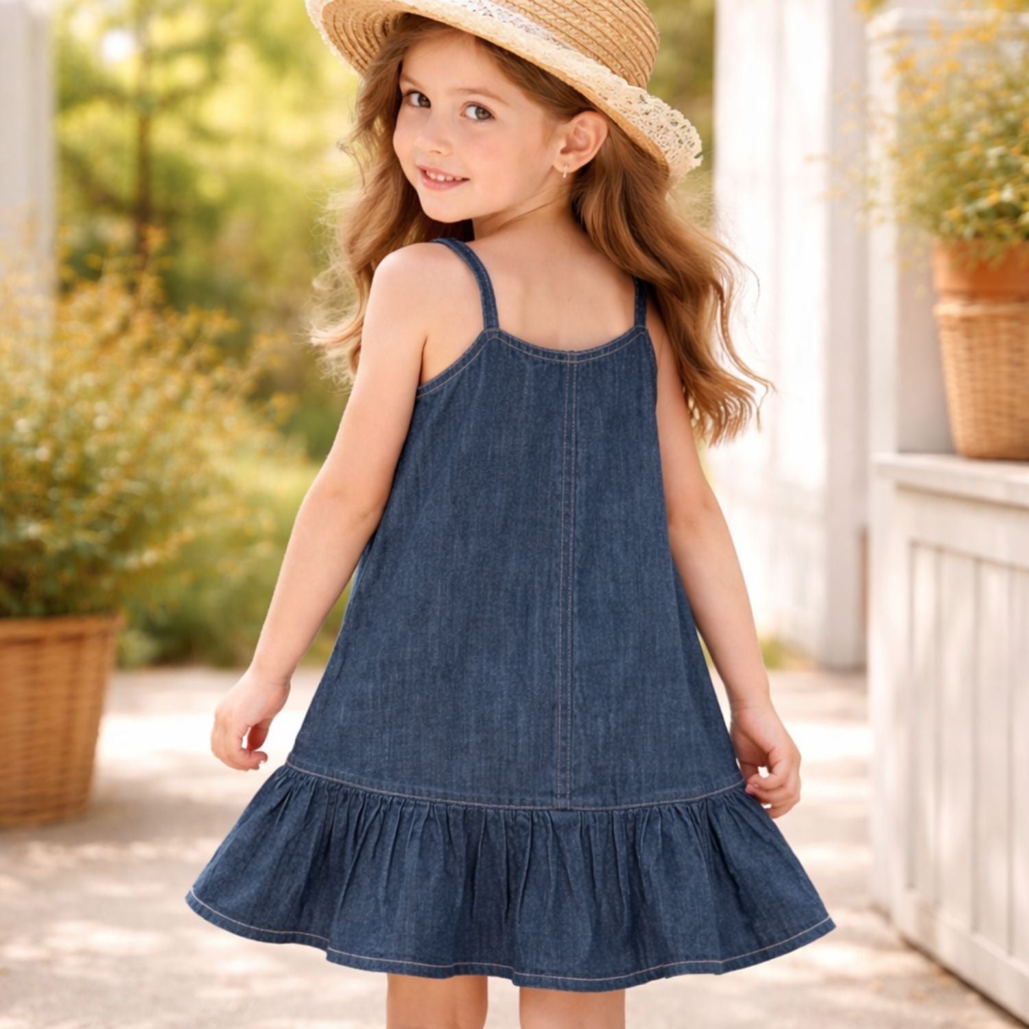 LEO N BABES Girls Blue Denim A-Line Frock with Ruffle Hem & Floral Brooch