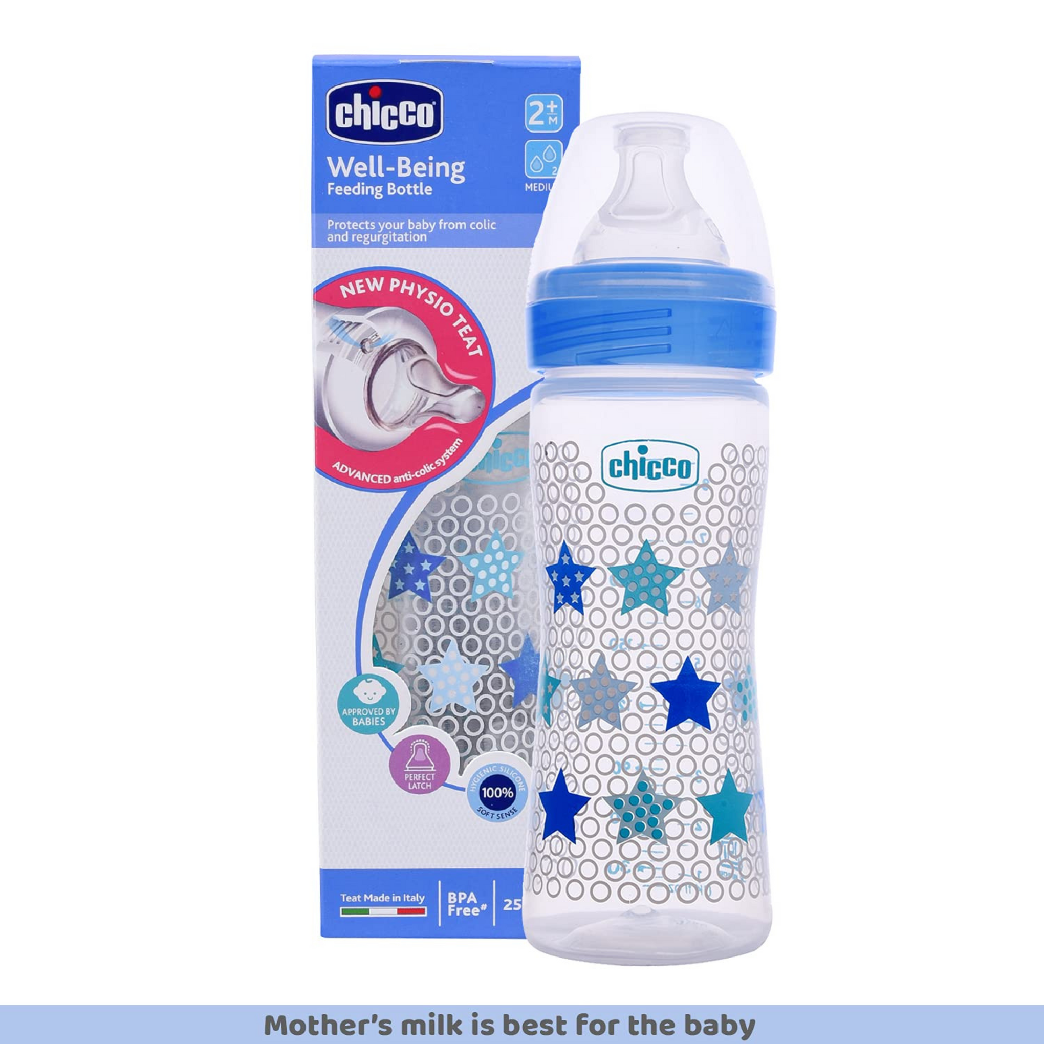Chicco Well-Being Baby Feeding Bottle, | Advanced Anti-Colic Nipple | Soft Silicon Teat | Wide Neck, Anti-Drip Bottle |BPA Free (Blue)