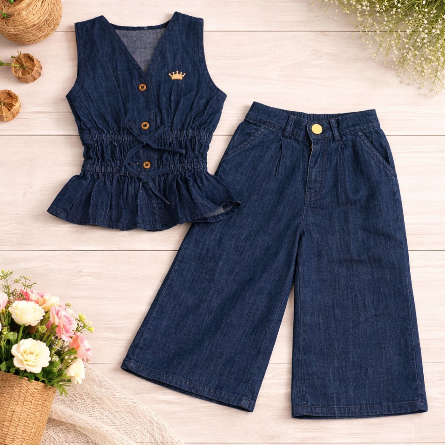LEO N BABES Girls Blue Denim Top & Palazzo Set (18 Months – 12 Years)