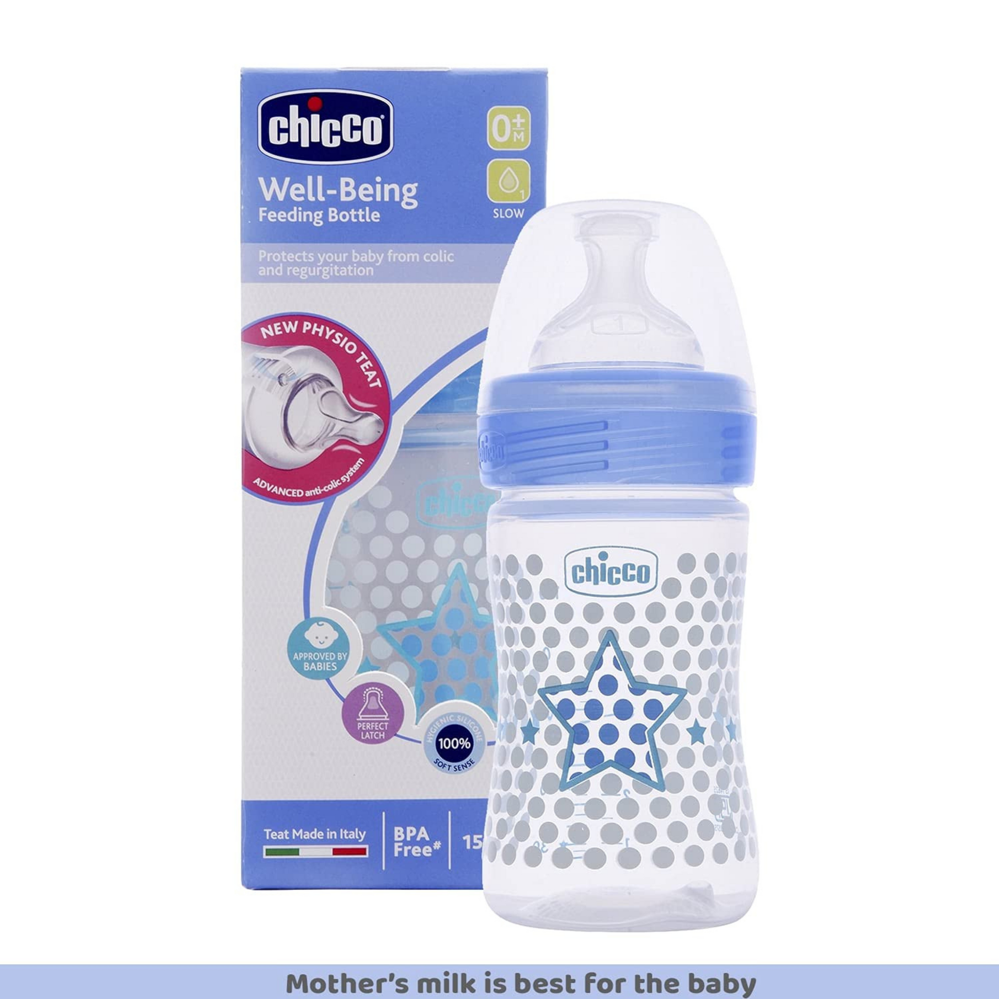 Chicco Well-Being Baby Feeding Bottle, | Advanced Anti-Colic Nipple | Soft Silicon Teat | Wide Neck, Anti-Drip Bottle |BPA Free (Blue)