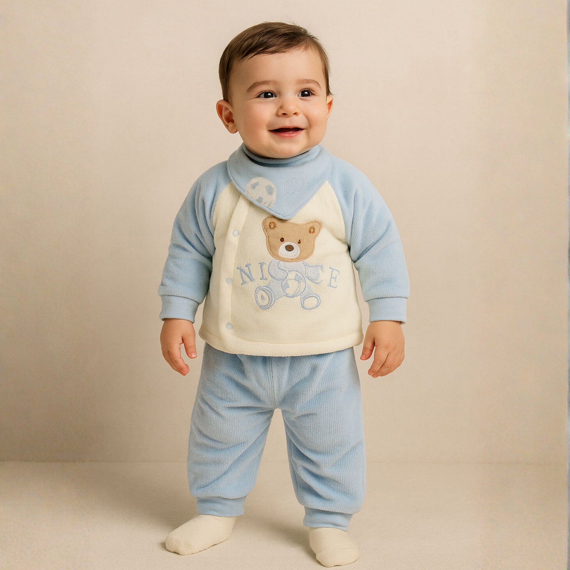 Smile Baby 3-Piece Winter Set for 0–1 Year | Soft Cotton Fleece Baby Clothing Set (Top, Pants & Bib) | Warm & Gentle Wear for Infants – Cream/Green, Cream/Blue, Cream/Brown