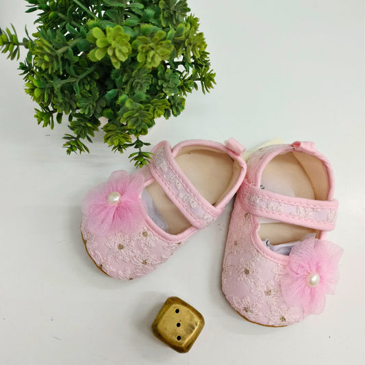 Smile Baby Girls' Soft Pink Booties – Anti-Slip Sole | Flower Bow Design | Perfect for 0–12 Months