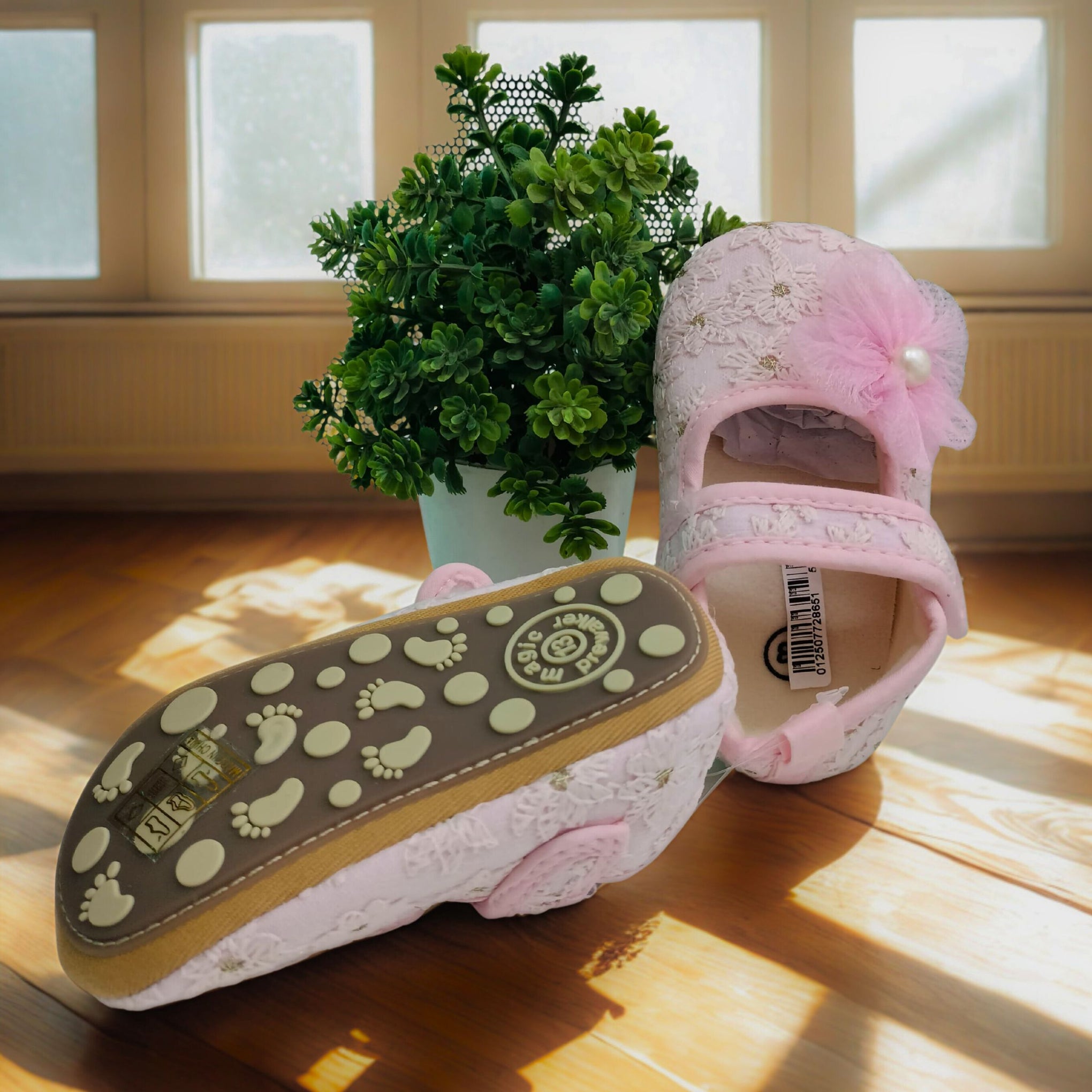Smile Baby Girls' Soft Pink Booties – Anti-Slip Sole | Flower Bow Design | Perfect for 0–12 Months