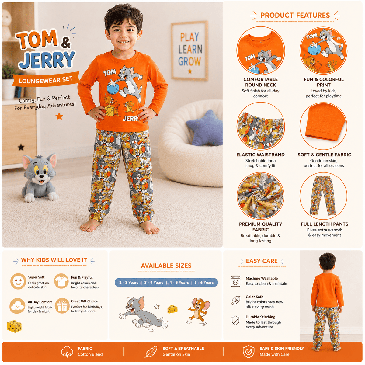 Boys' Night Suit - Full Sleeve Tom & Jerry Set for Ages 1-10 - SMILE BABY