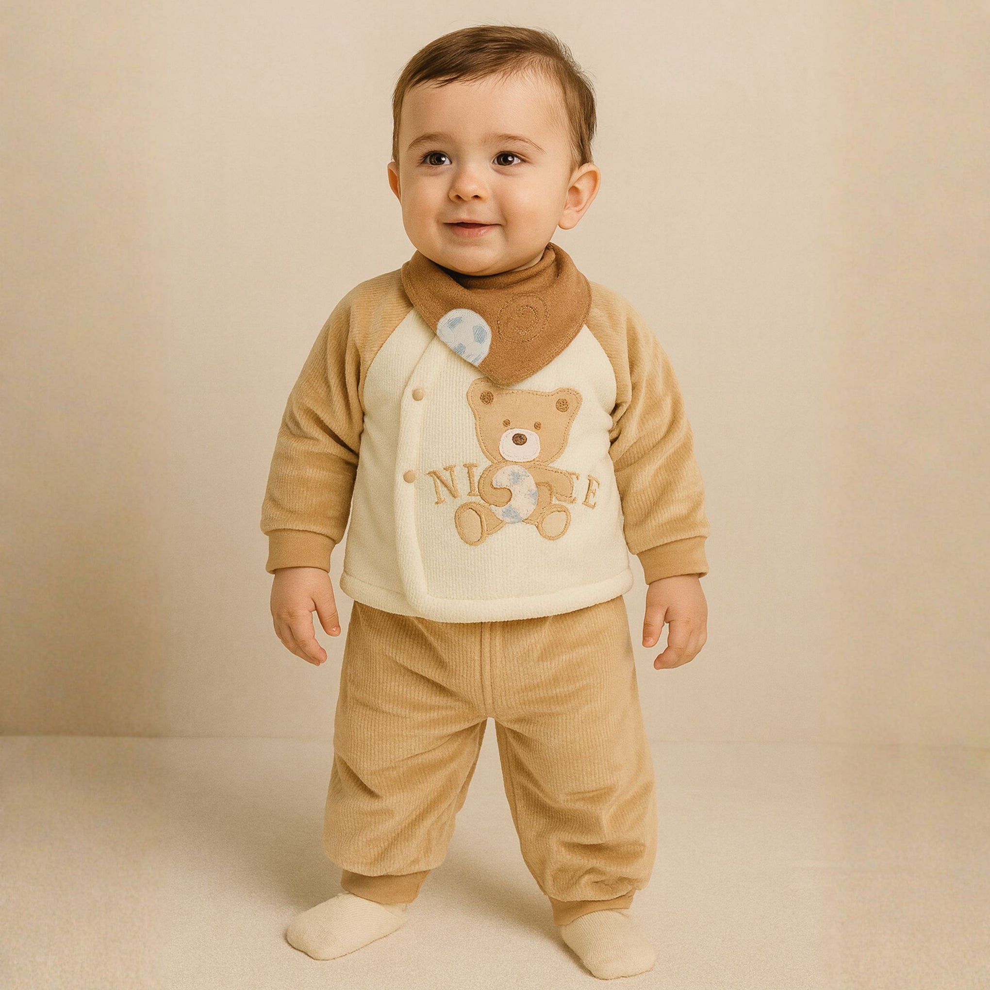 Smile Baby 3-Piece Winter Set for 0–1 Year | Soft Cotton Fleece Baby Clothing Set (Top, Pants & Bib) | Warm & Gentle Wear for Infants – Cream/Green, Cream/Blue, Cream/Brown