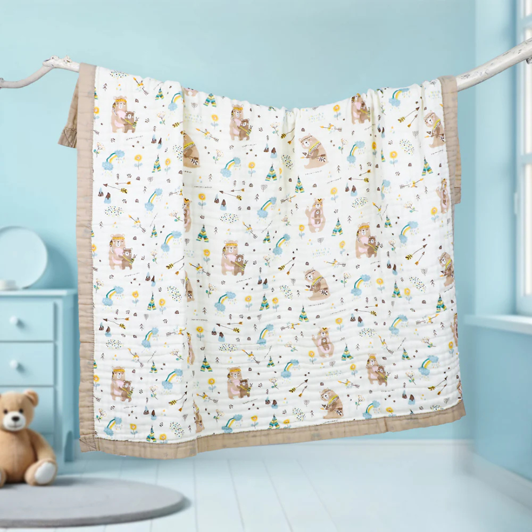 Smile Baby Soft Colorful Brown Bear, Rain, Clouds Print Muslin 6 Layer Blanket for Baby | 100% Muslin Cotton | Size 100x100cms
