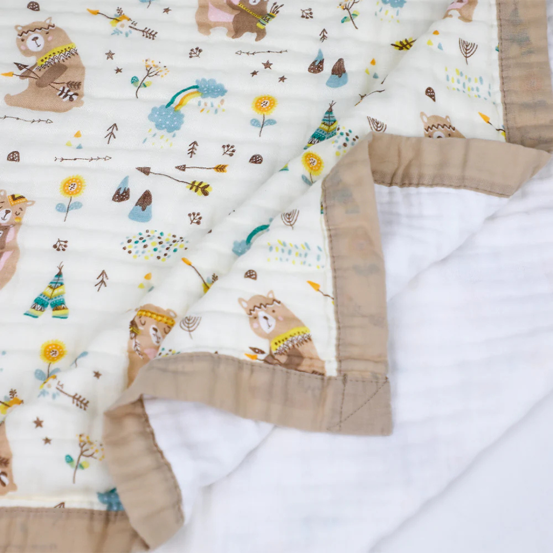 Smile Baby Soft Colorful Brown Bear, Rain, Clouds Print Muslin 6 Layer Blanket for Baby | 100% Muslin Cotton | Size 100x100cms