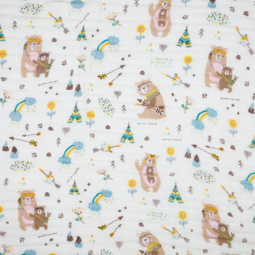 Smile Baby Soft Colorful Brown Bear, Rain, Clouds Print Muslin 6 Layer Blanket for Baby | 100% Muslin Cotton | Size 100x100cms