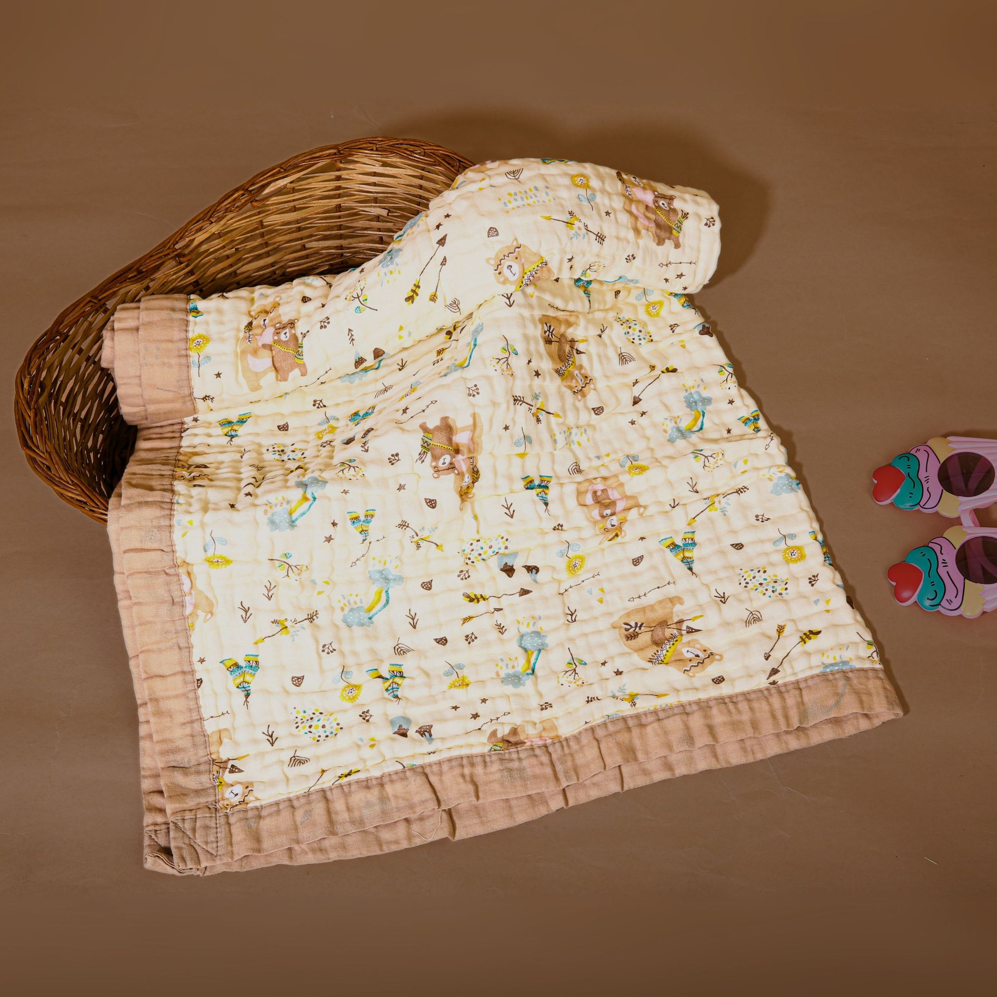 Smile Baby Soft Colorful Brown Bear, Rain, Clouds Print Muslin 6 Layer Blanket for Baby | 100% Muslin Cotton | Size 100x100cms