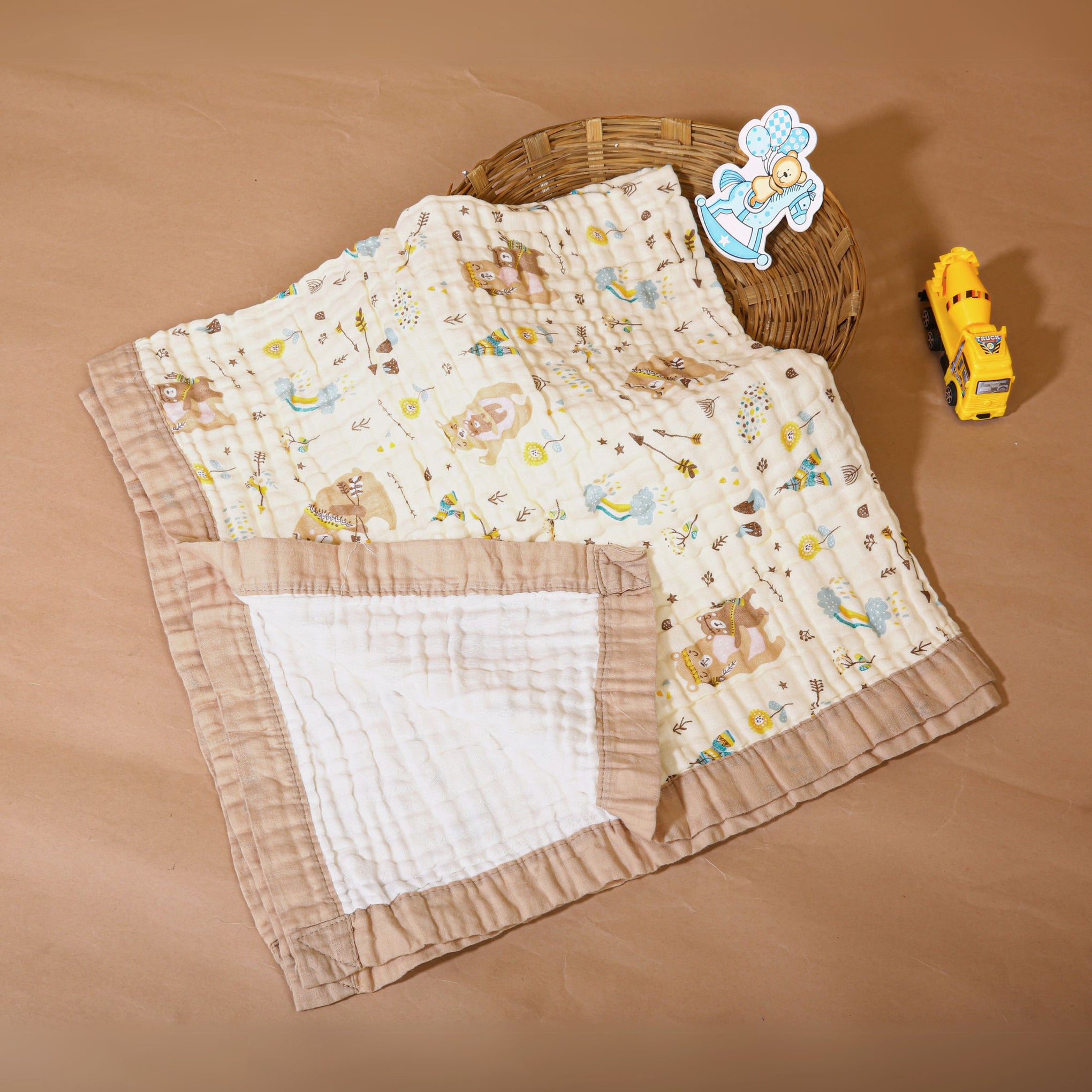 Smile Baby Soft Colorful Brown Bear, Rain, Clouds Print Muslin 6 Layer Blanket for Baby | 100% Muslin Cotton | Size 100x100cms