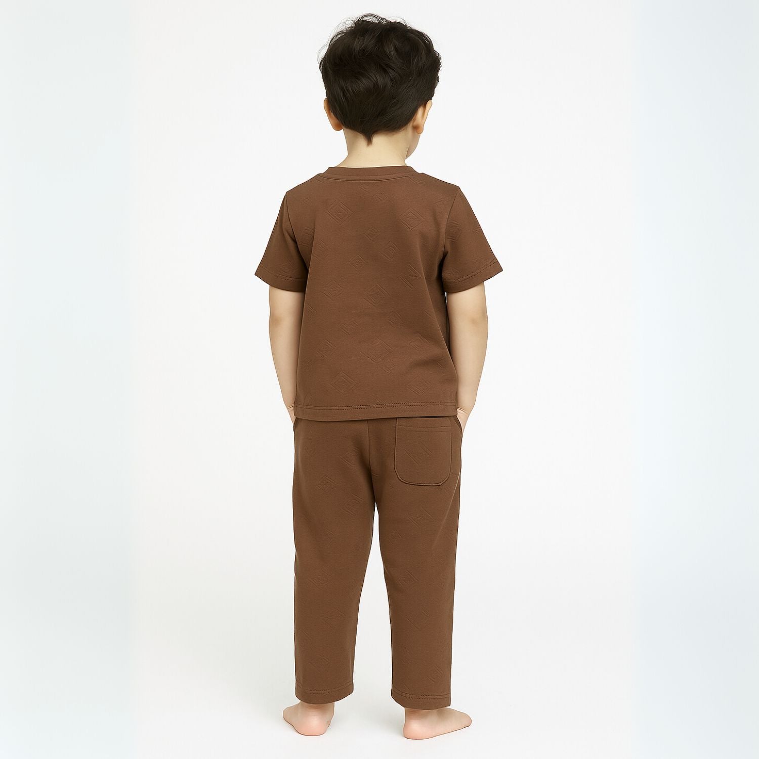 COOLEST Boys’ Track Suit – T-Shirt & Pant Set with Denim “Coolest” Patch | Ages 3–12 Years | Cream, Brown & Black