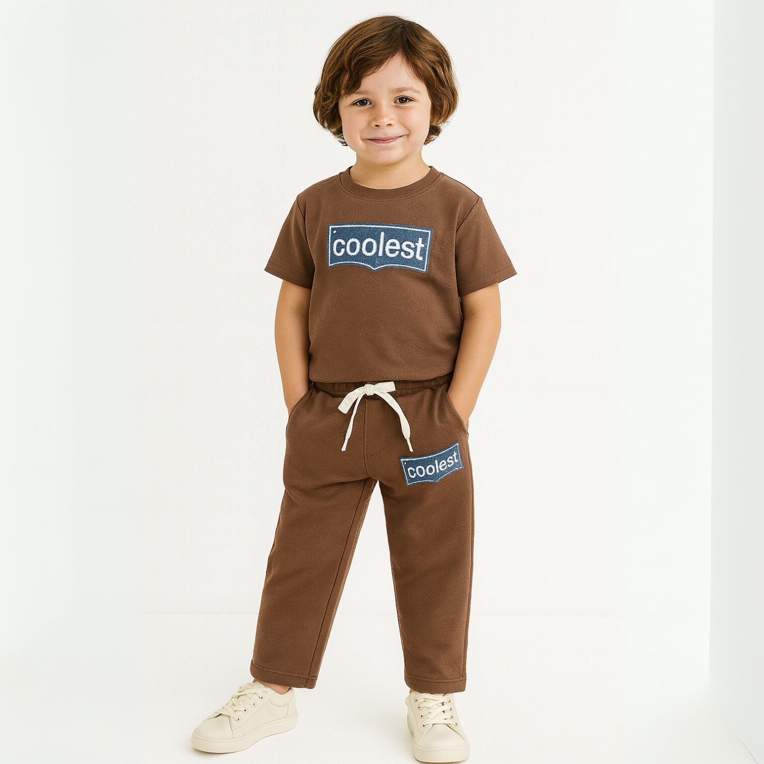 COOLEST Boys’ Track Suit – T-Shirt & Pant Set with Denim “Coolest” Patch | Ages 3–12 Years | Cream, Brown & Black