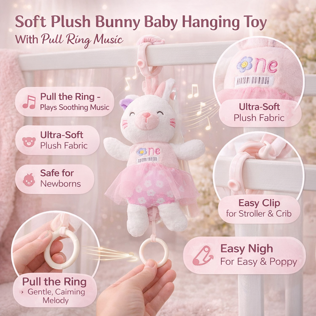 Soft Plush Bunny Baby Hanging Toy with Pull Ring Music | Cute Musical & Sensory Toy for Newborns | Stroller, Crib & Car Seat Toy