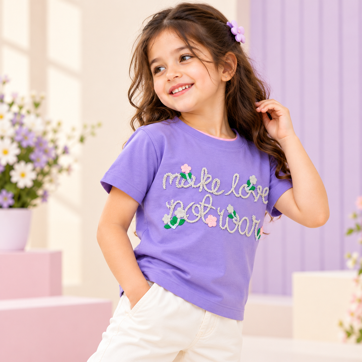 Smile Baby Girls Lavender Floral Embroidered Half Sleeve T-Shirt 