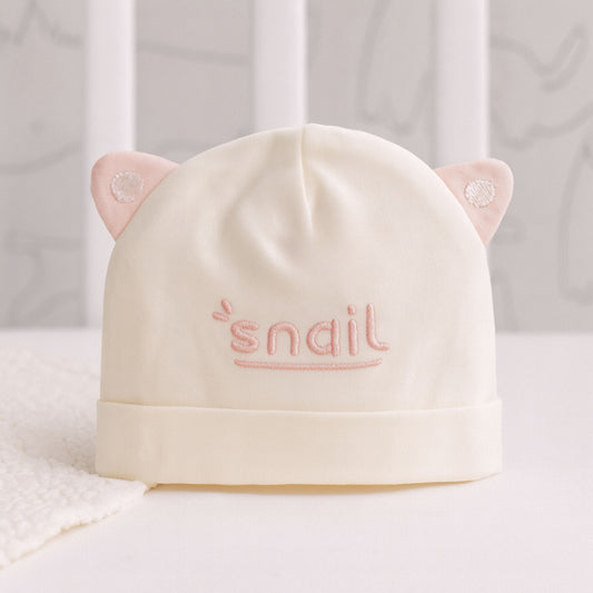 “Snail” Bear‑Ear Baby Cap – Green, Pink & Brown