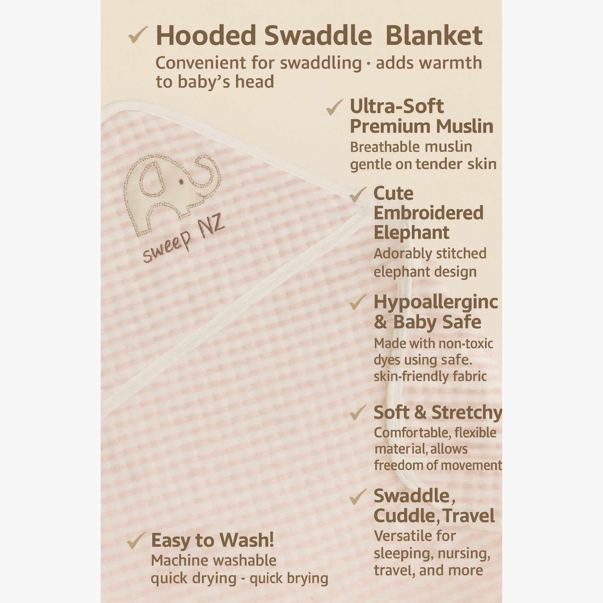 Elephant Hooded Baby Blanket 90×90 cm – Green, Yellow & Pink