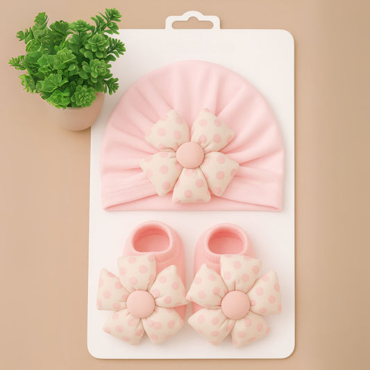 Smile Baby Newborn Gift Set – Soft Pink , Brown , Yellow | 3 Colors Variants Cap & Booties with Polka Dot Flower Bow | 0–6Months | Cotton Fabric | Baby Girl Accessory Set