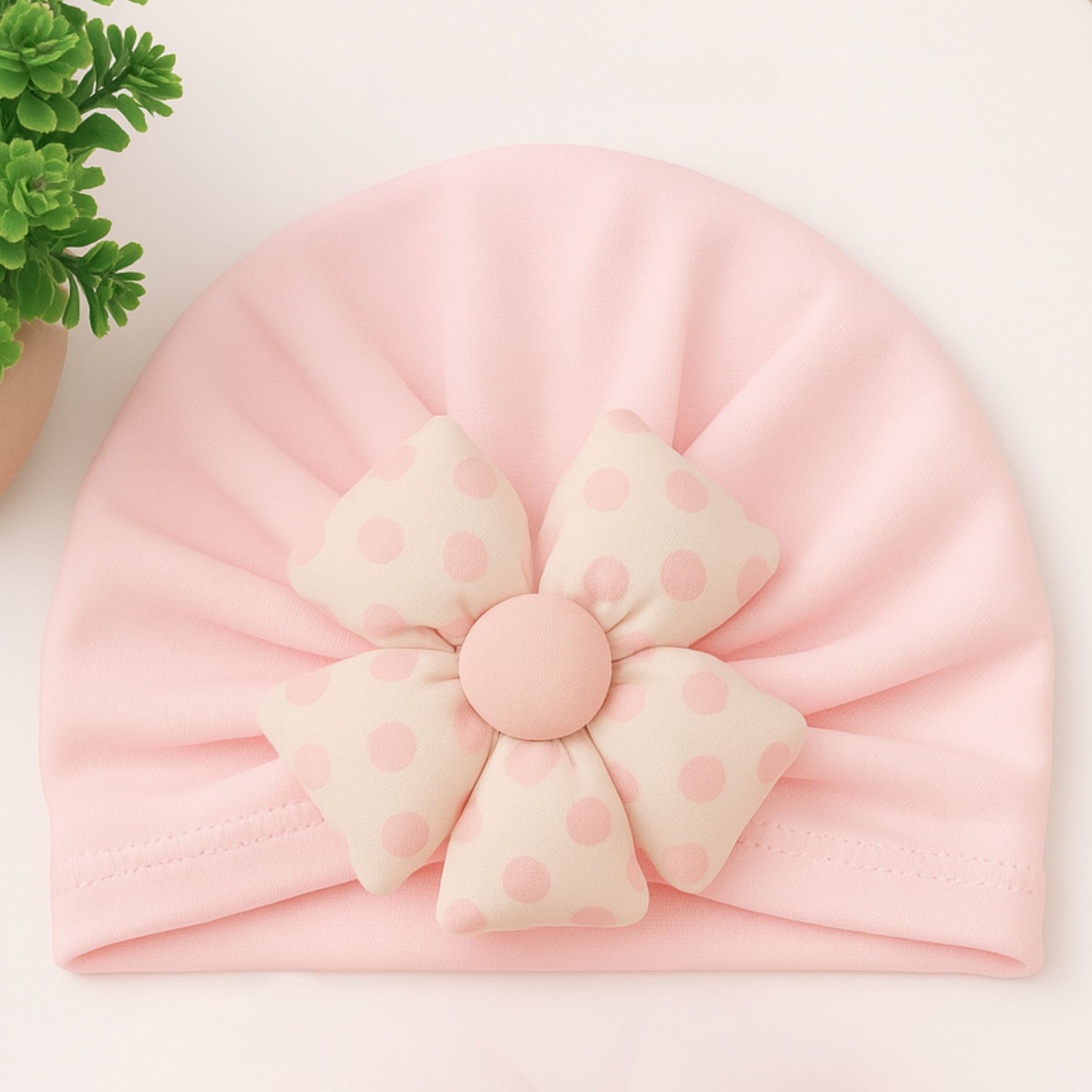 Smile Baby Newborn Gift Set – Soft Pink , Brown , Yellow | 3 Colors Variants Cap & Booties with Polka Dot Flower Bow | 0–6Months | Cotton Fabric | Baby Girl Accessory Set